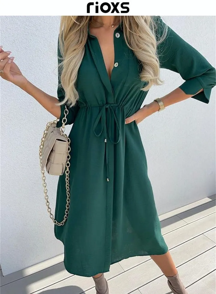 Women's Button Down Casual Dress 3/4 Sleeves Long Dress