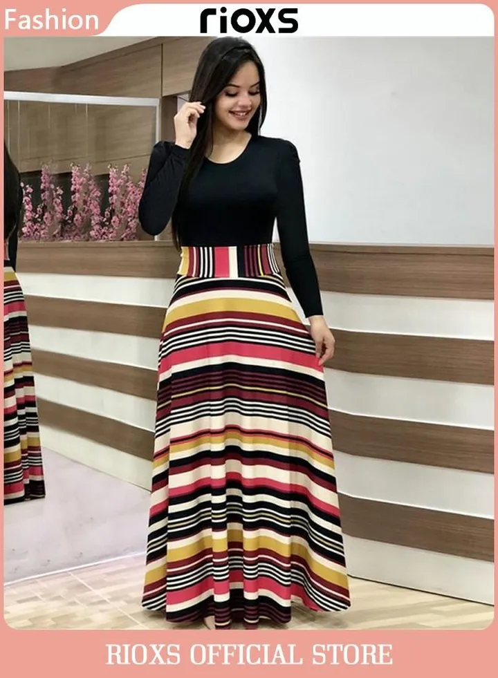 Womens Long Sleeve Floral Printed Long Dress Casual Beach Maxi Dress