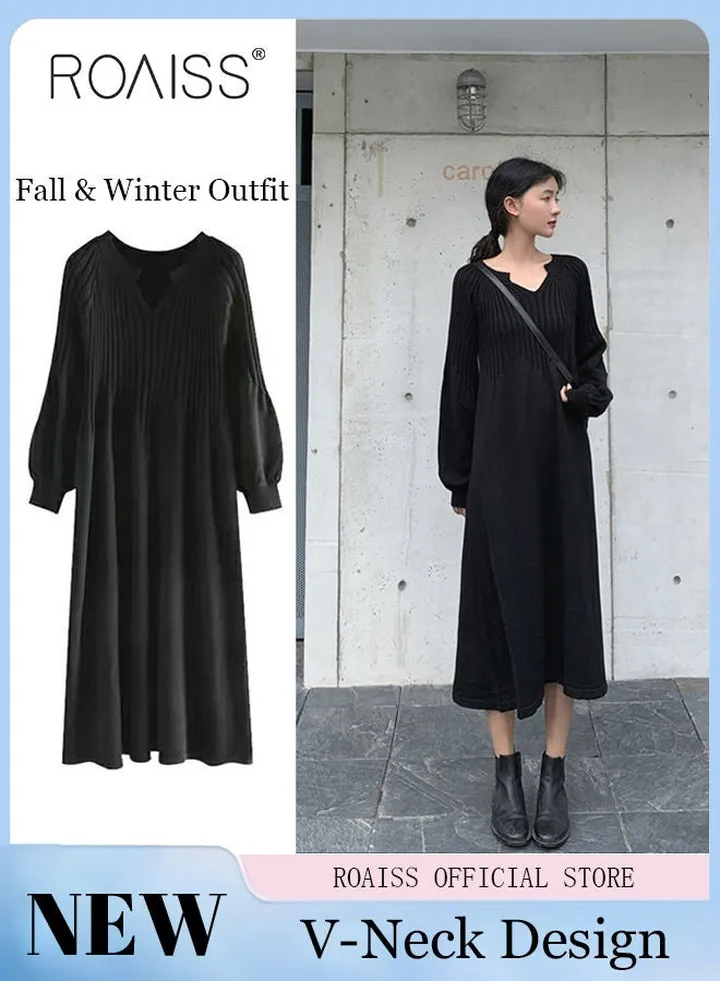 Womens V Neck Lantern Sleeves Knitted Jumper Winter Warm Long Sweater Dress Gown Women Knitted Sweater Dress Elegant Long Dress Ladies Loose Dress