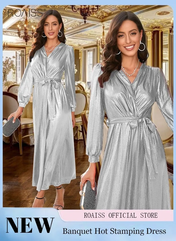 Women's V Neck Dinner Dress Long Sleeve Ankle Length Cocktail Dress Waist Belt Tightening Dress