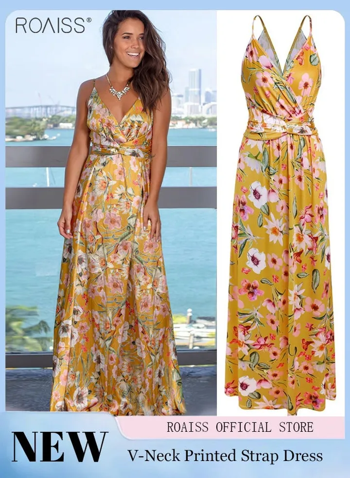 Women's Print Camisole Dress Fashion Sleeveless Ankle Length Dress Waist Tightening Wide Elastic Hem Holiday Dress