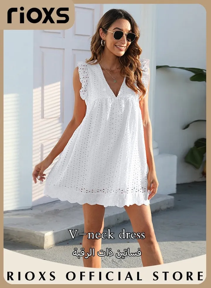Women's Summer Casual V-Neck Dress Lace Sleeveless Dress Ruffle Dress