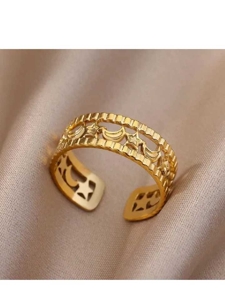 Free Seas Stainless Steel Crescent and Star Ring, one piece
