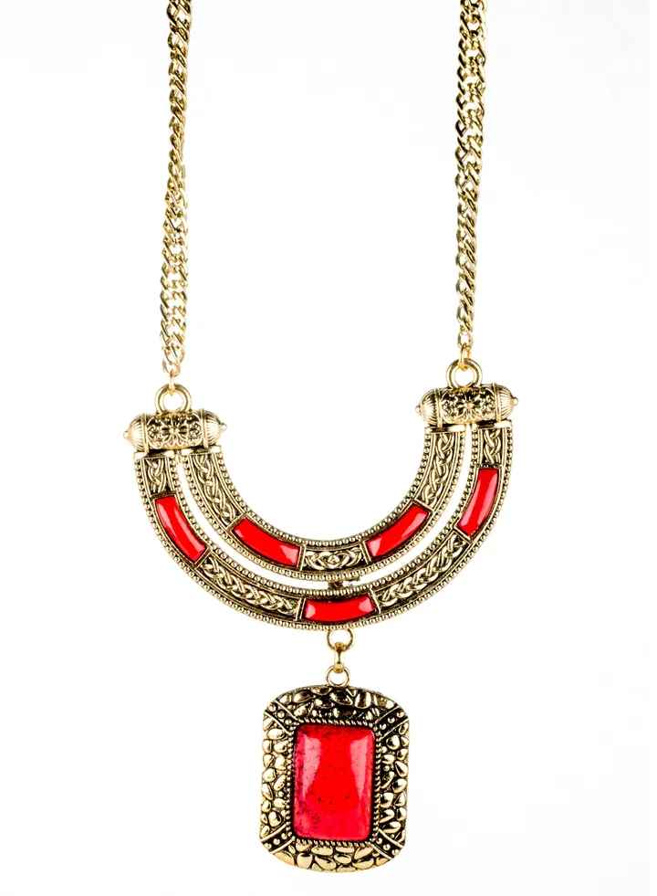 Indian Style Set Necklace & Earring Marble Red Stone - Rhodium Plated