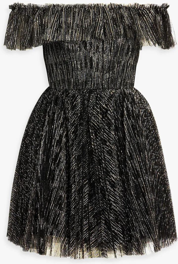 Off-the-shoulder ruffled glittered tulle mini dress