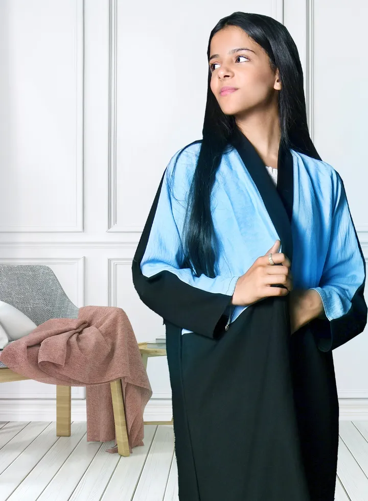 Girls' wrap abaya with black and light blue