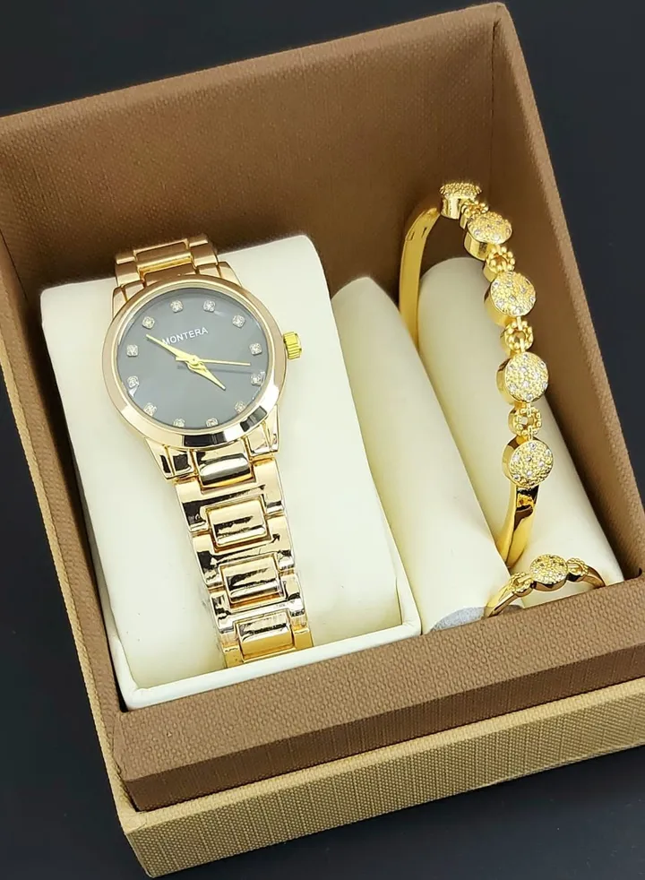 Analog watch, bracelet and ring set for women