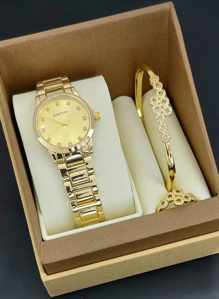 Analog watch, bracelet and ring set for women
