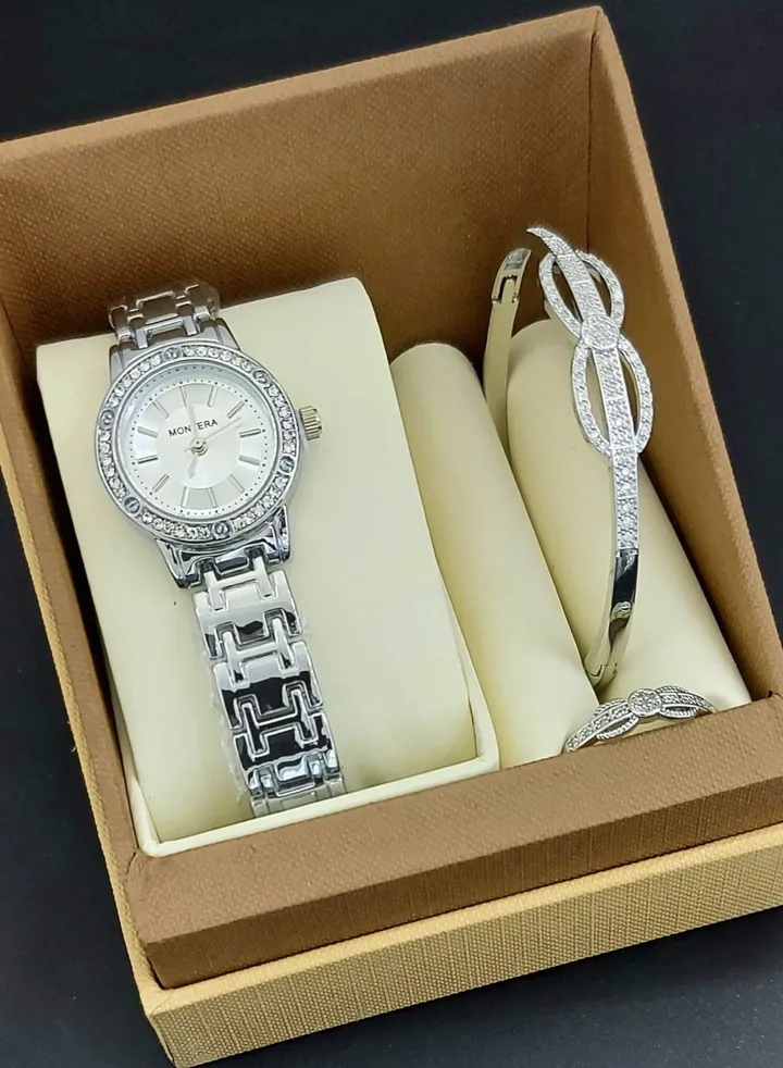 Analog watch, bracelet and ring set for women