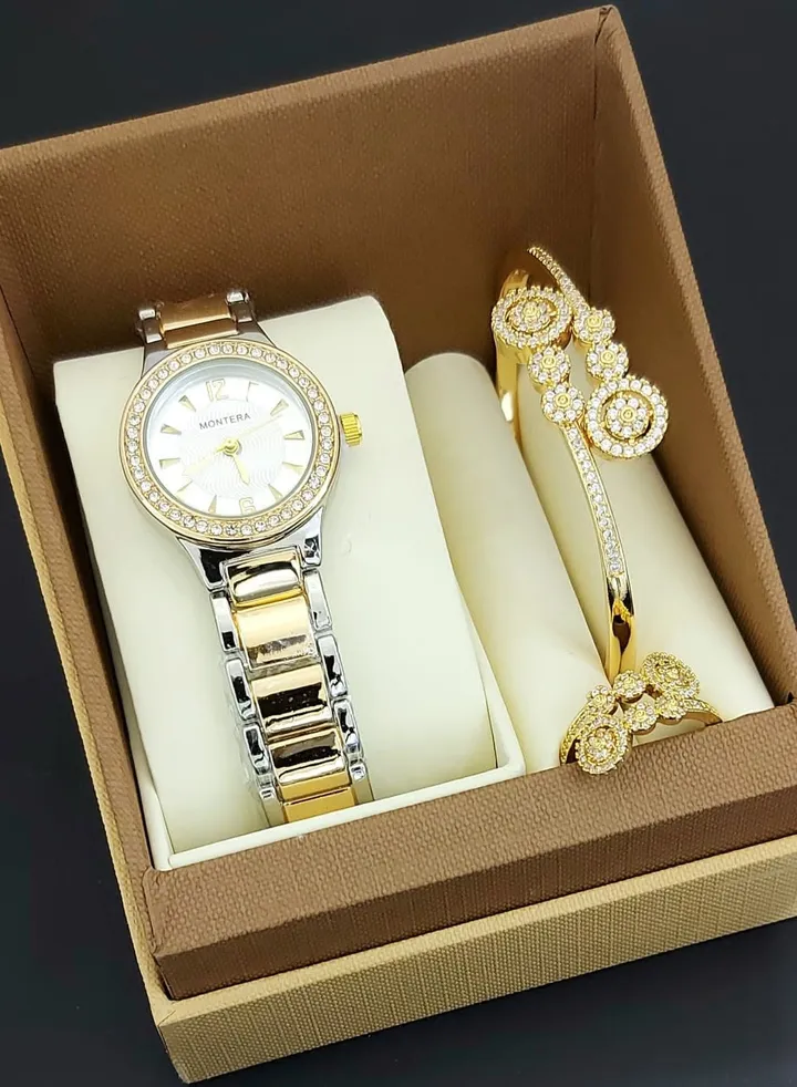 Analog watch, bracelet and ring set for women