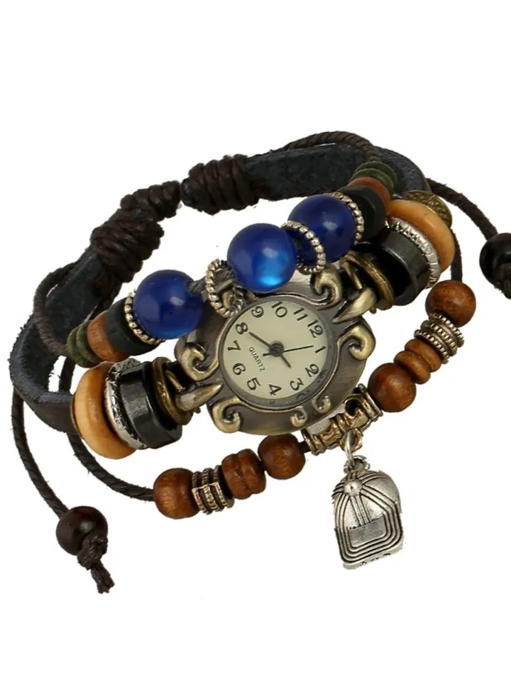 Unisex's Cap Woven Leather and Beads Bracelet With Analog Watch Multicolor