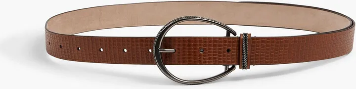 Bead-embellished lizard-effect leather belt