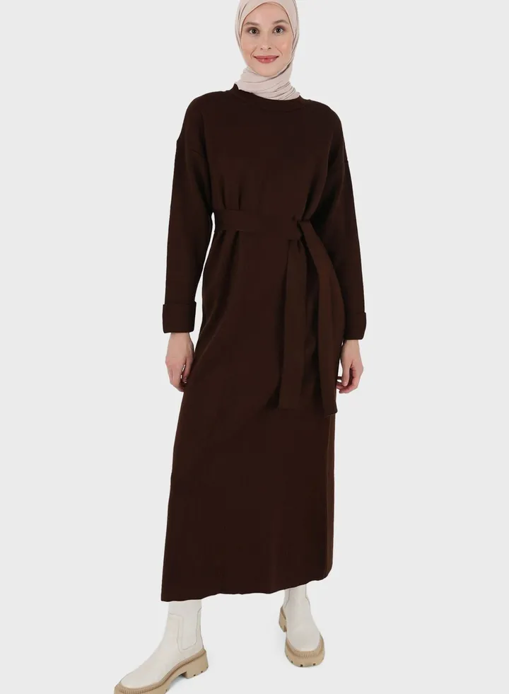 Belted Round Neck Dress