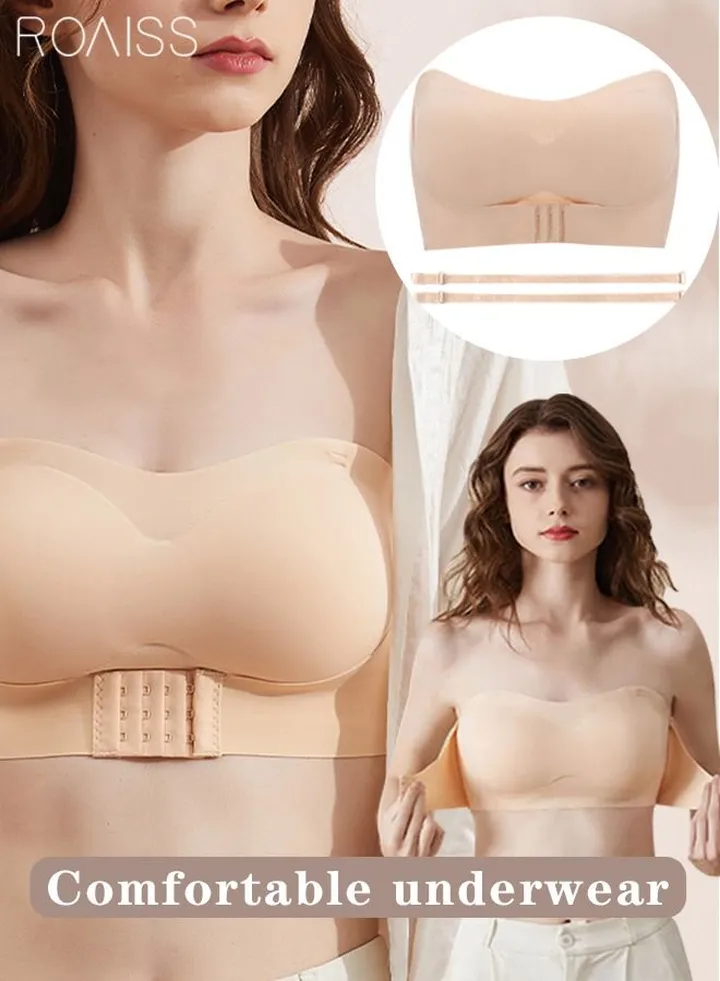 Women's Strapless Bralette Tube Top Bras Lightweight Gathered Seamless Low-cut Backless for Wedding Dress Air Invisible Bra Sweet Comfort Underwear Soft Push Up Lingerie