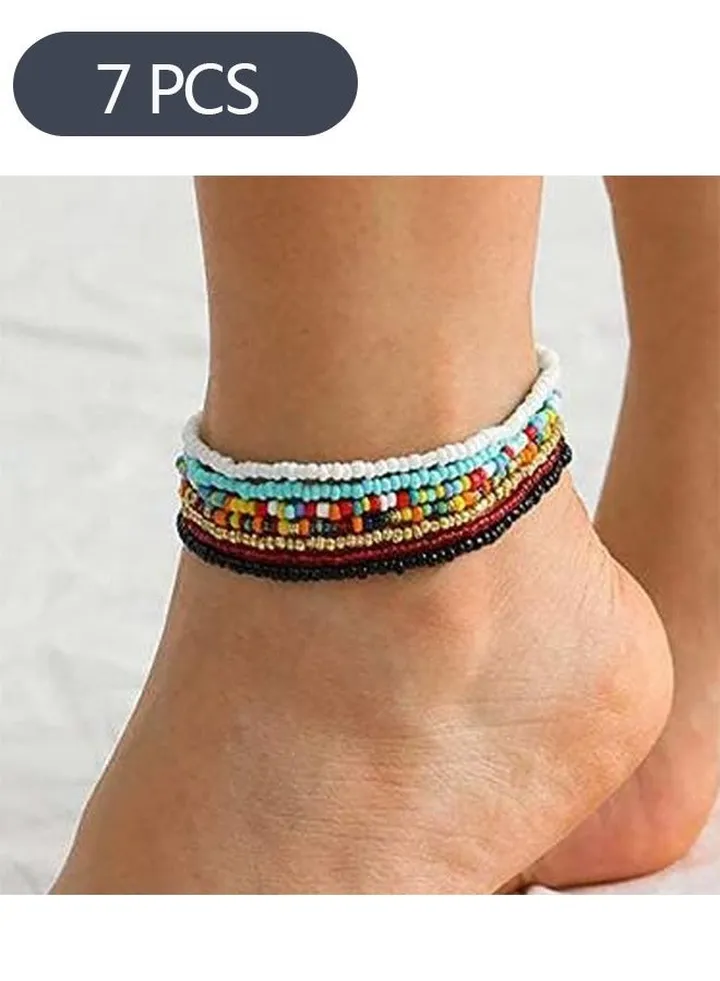 7-Piece Multilayered Women Anklets, Handmade Beaded Anklets Personality Creative Anklet, Colorful Elastic Bracelets Ankle Foot Jewelry for Girls