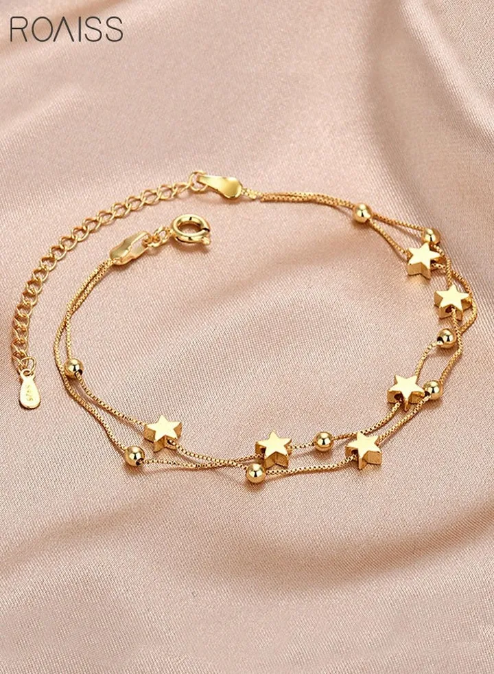 2-Piece Gold Women's Ankles 3-Layer Frosted Gold Bead Design 6 Bright Pentagram Anklets