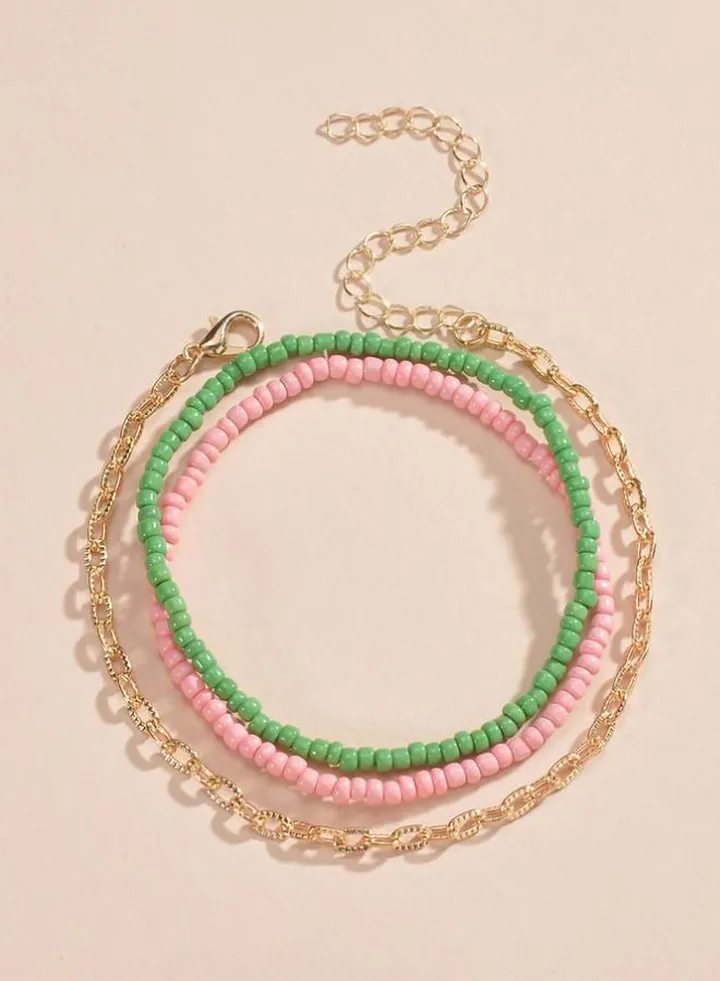 Set of 3 - Beads and Chain Anklet