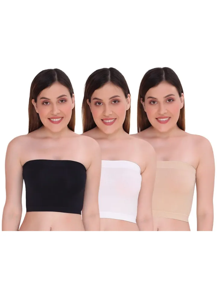 Non Padded Strapless Tube Bra For Women, Free Size (Pack Of 3) Black/White/Beige