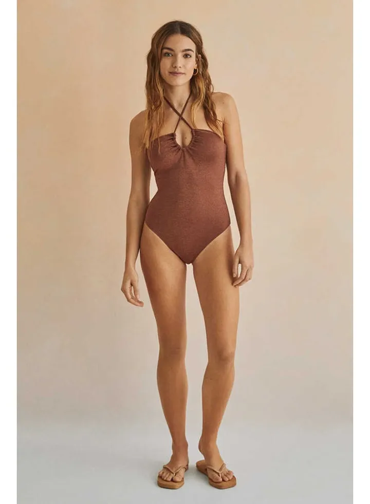 Shiny tie neck swimsuit