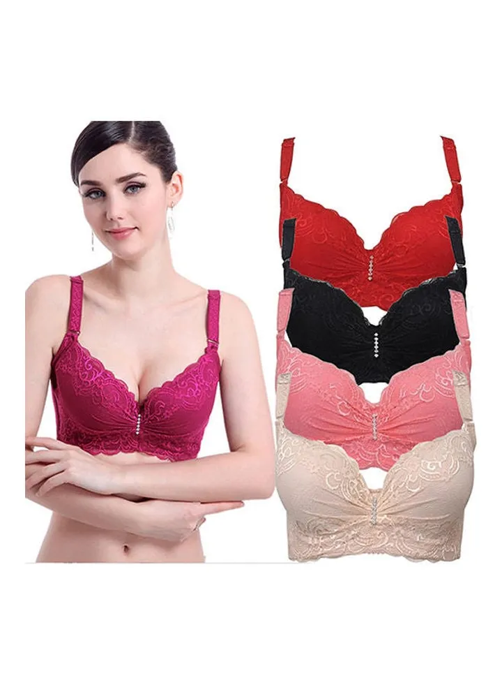 Women Adjustable Push Up Side Gathering Furu Lace Bra Shaping Underwear Red