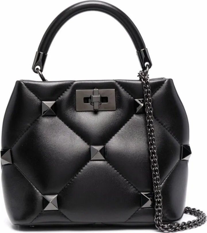 Black Roman Stud Small Leather Top Handle Bag