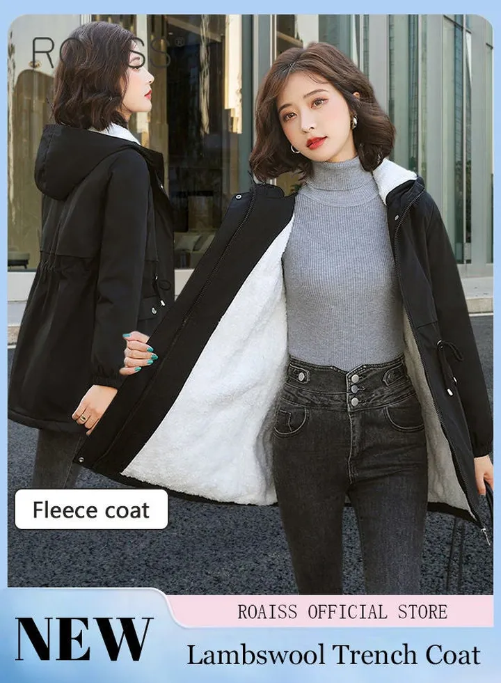 Women Jackets Hooded Windbreaker Female Fleece Warm Thick Cotton Padded Women Mid-Length Plus Fleece Hooded Cotton Jacket Women Zip-In Hooded Coat.