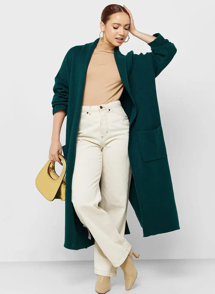 Pocket Detail Ribbed Longline Coat