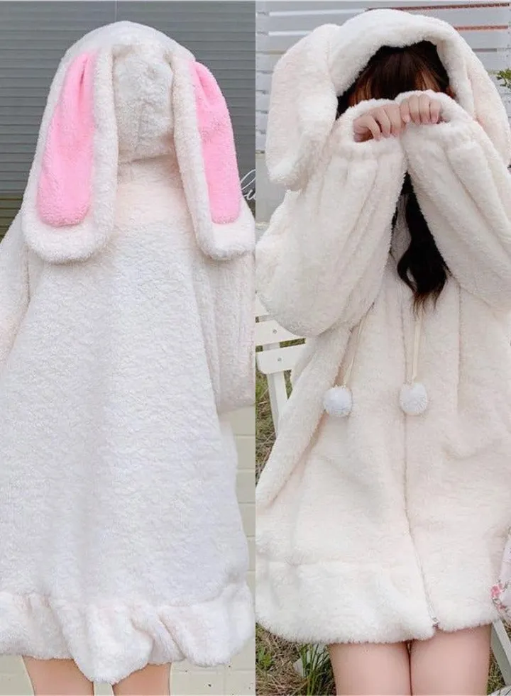 Women's Warm Plush Hooded Jacket Cute Rabbit Ears Hat Sweatshirt Zipper Cardigan Sweatshirt Coat