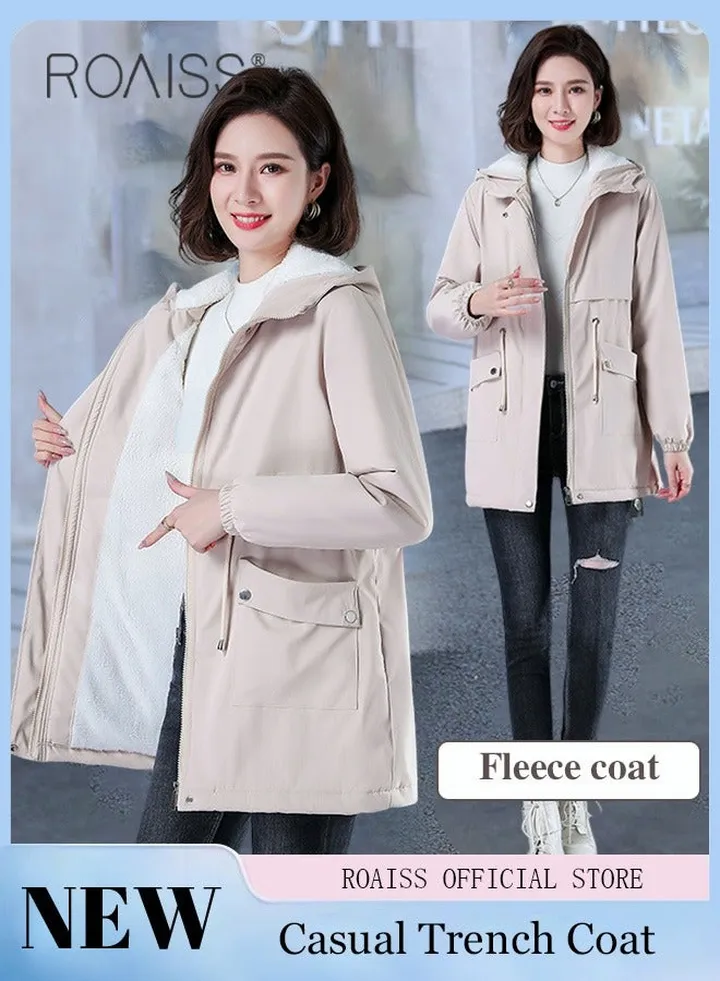 Women Jackets Hooded Windbreaker Female Fleece Warm Thick Cotton Padded Women Mid-Length Plus Fleece Hooded Cotton Jacket Women Zip-In Hooded Coat.