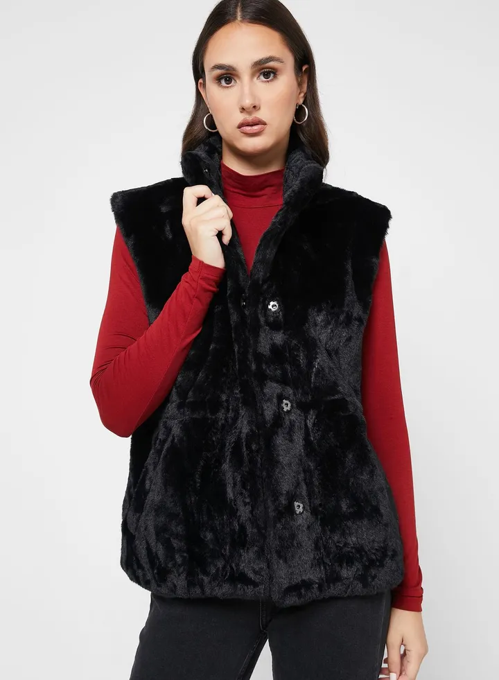 High Neck Fur Vest Coat