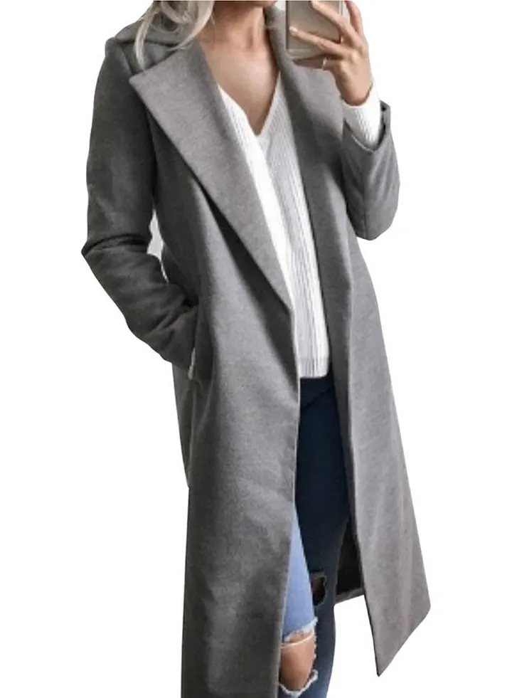 Lapel Long Coat Grey
