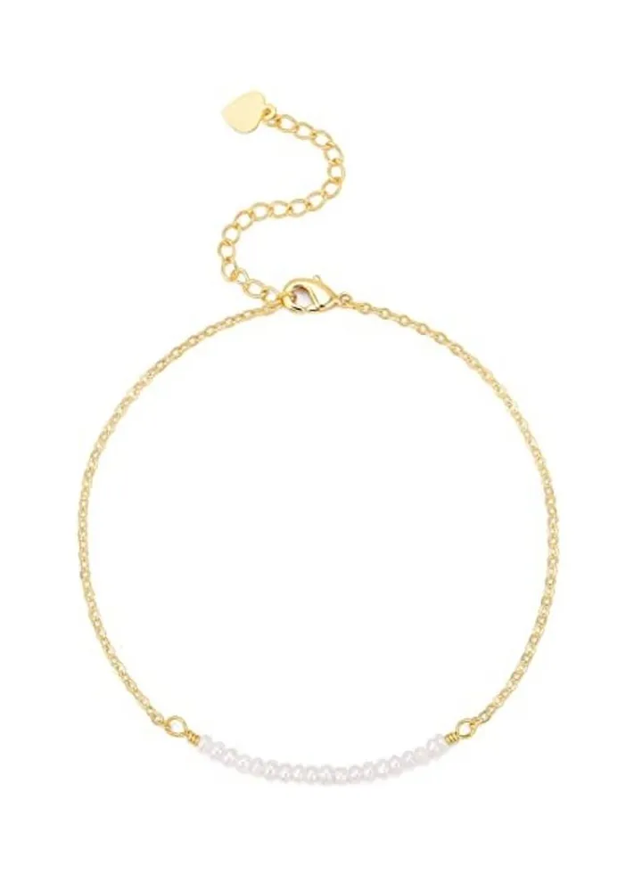 18 Karat Gold Tiny Pearl Beads Bar Anklet