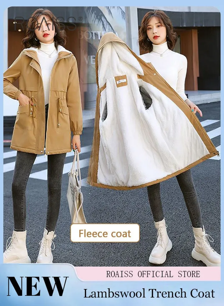 Women Jackets Hooded Windbreaker Female Fleece Warm Thick Cotton Padded Women Mid-Length Plus Fleece Hooded Cotton Jacket Women Zip-In Hooded Coat.