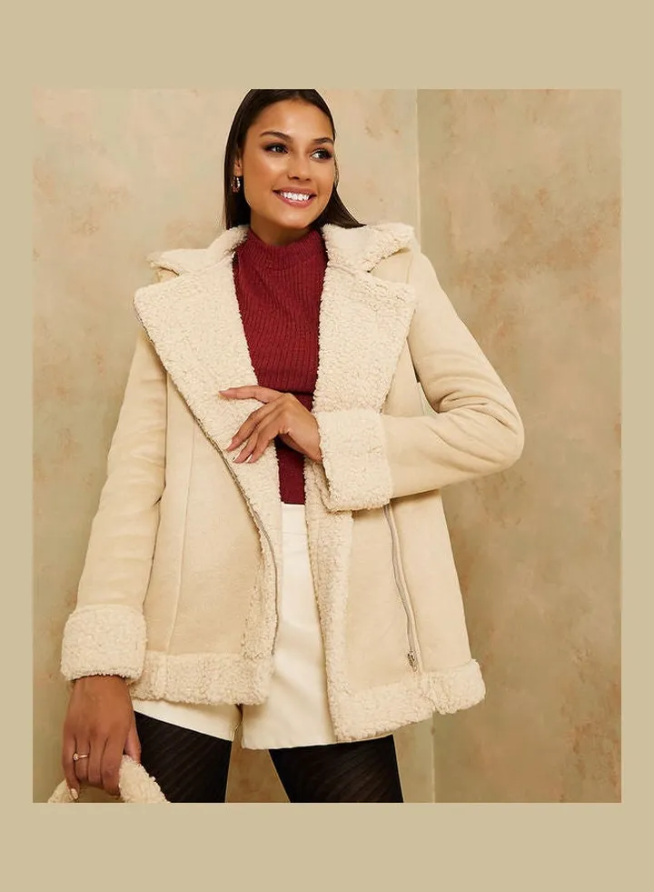Longline Faux Fur Lining Suede Biker Coat