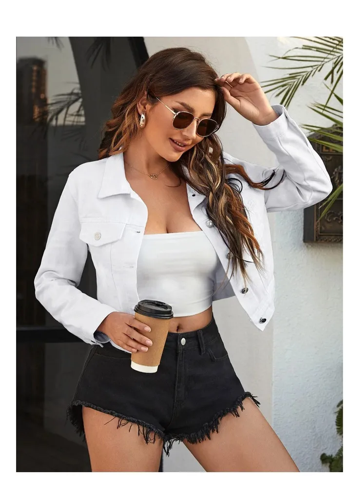 Casual short denim jacket for women White