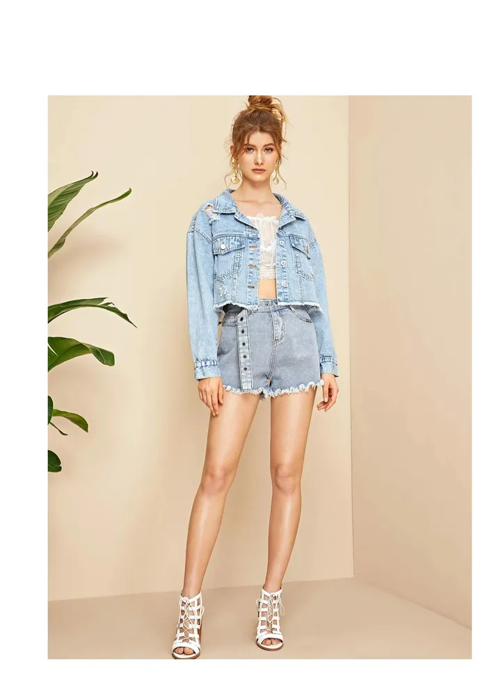 Fashionable burred denim short jacket for women Blue