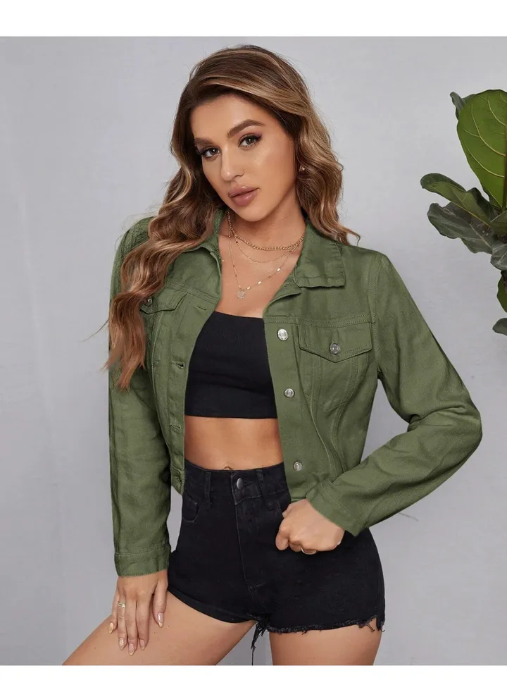 Casual short denim jacket for women Army green