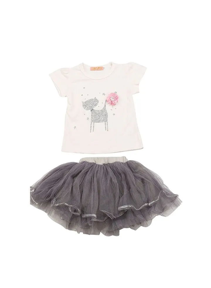 2-Piece T-Shirt And Skirt Set White/Grey