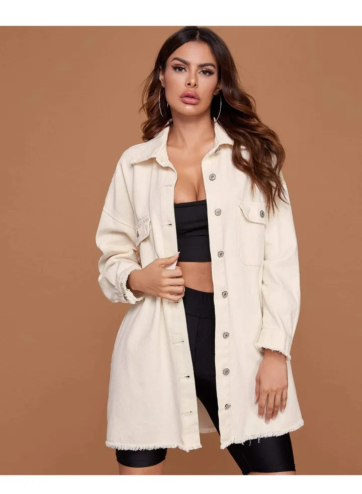 Medium length denim shirt for women White