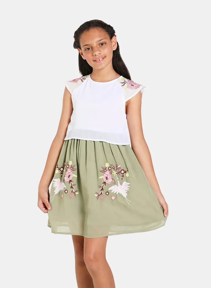 Girls Round Neck Cap Sleeve Sets White/Green