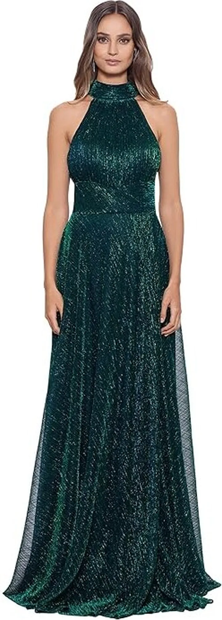 Betsy & Adam Mock Neck Metallic Crinkle Wrap Gown (Jade) Women's Clothing