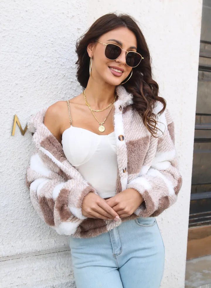 Plaid Double Sided Velvet Coat Women's Lantern Sleeve Loose Long Sleeve Coat Jacket