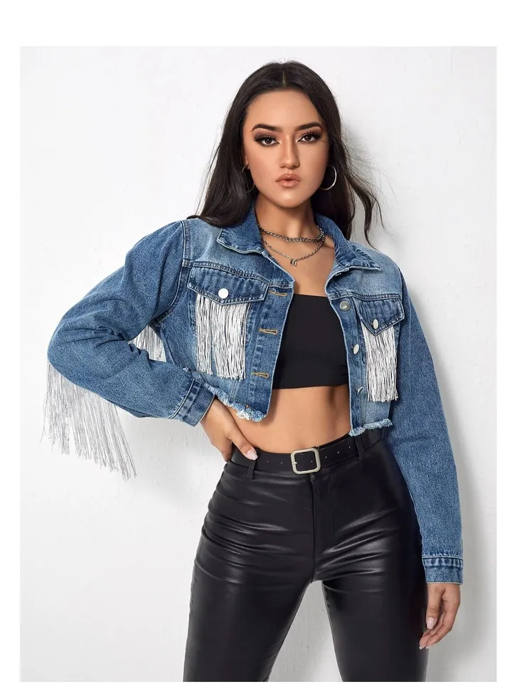 Fashionable tassel denim jacket for women Dark blue
