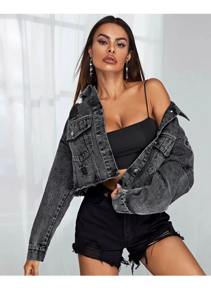 Fashionable burred denim short jacket for women Black