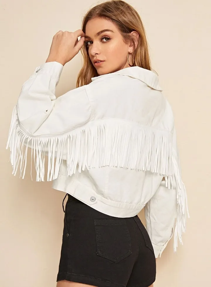 Casual denim jacket tassel short jacket for women White