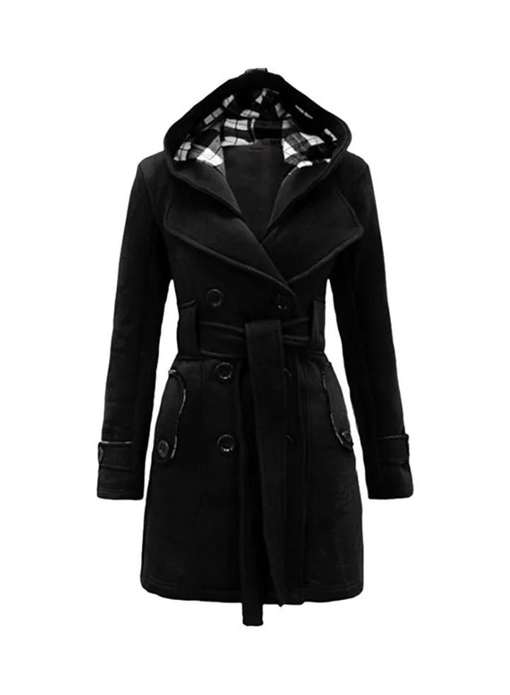 Double Breasted Collared Neck Long Coat Black