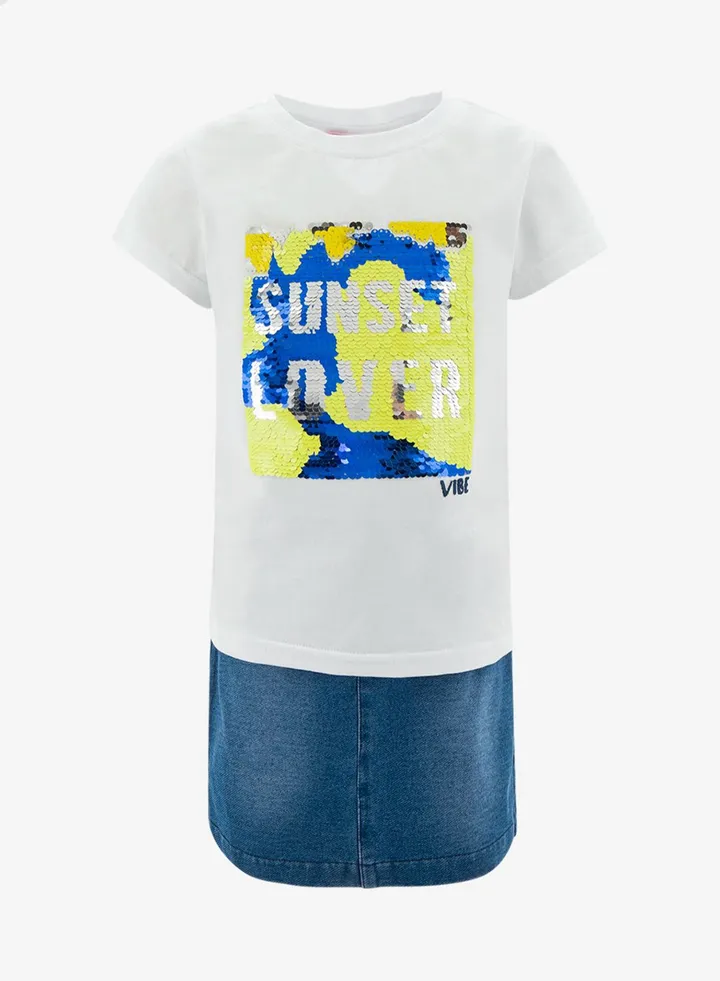 Girls Round Neck T-Shirt And Denim Bottom Set White/Blue