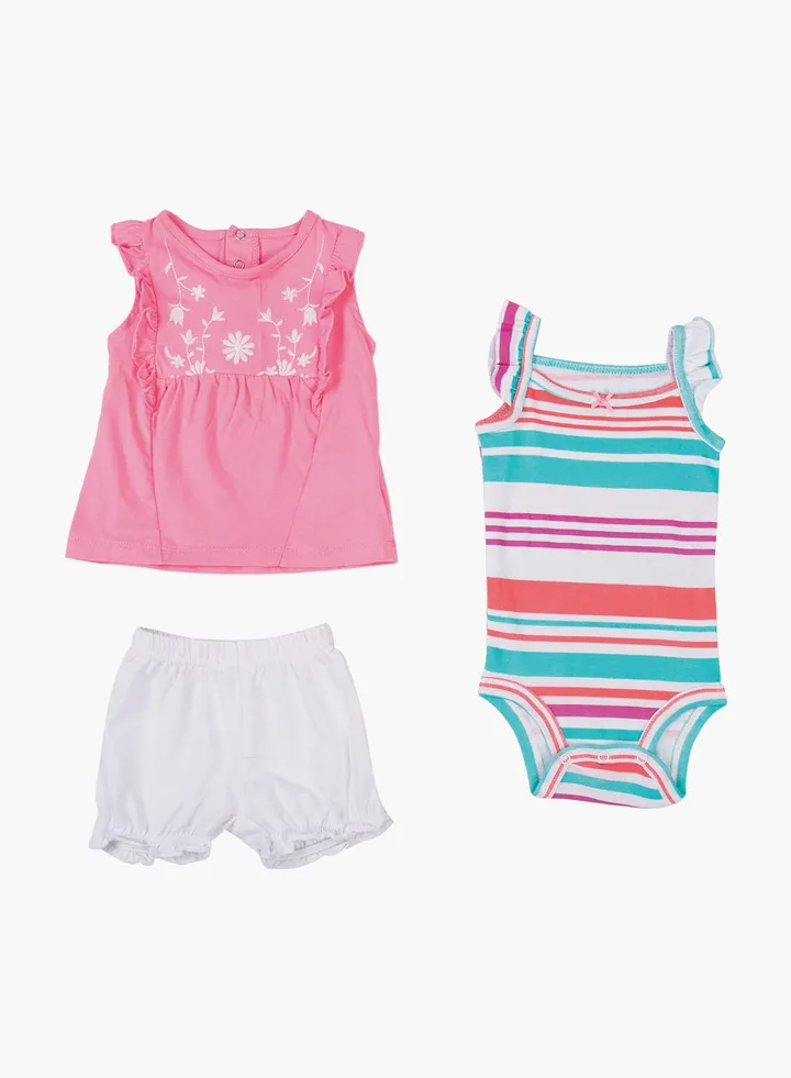 Baby Girl 3-Piece Top Bottom And Romper Combo Set Medium Pink/ White