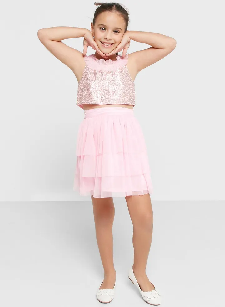 Nauti Nati Girls Sequined Frilled Top With Skirt