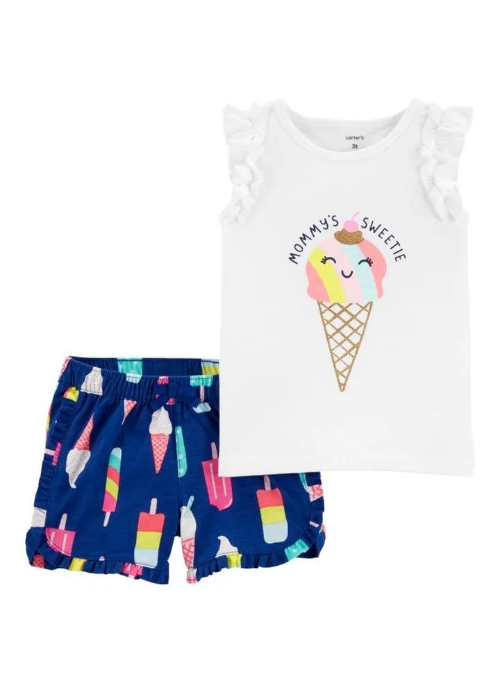 2 Pack Ice Cream Printed Top And Shorts Set White/Blue/Brown